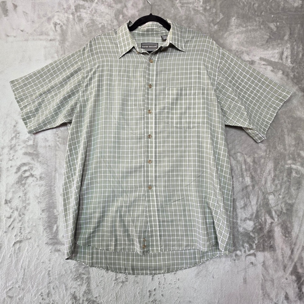 David Taylor Mens Short Sleeve Plaid Button Down Shirt Sage Green White Large